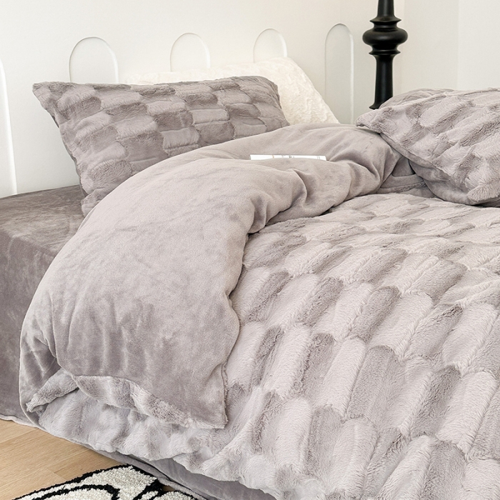 91家纺网 家纺一手货源 找家纺 昔可家纺 2023新款ins风纯色兔兔绒兔毛四件套 格调灰