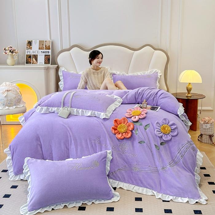 91家纺网 家纺一手货源 找家纺 漫步云9斤230g全消光婴儿绒被套兔毛绒牛奶绒贴布绣刺绣花四件套小清新