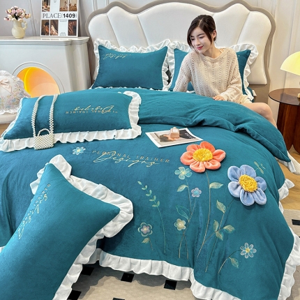 91家纺网 家纺一手货源 找家纺 漫步云9斤230g全消光婴儿绒被套兔毛绒牛奶绒贴布绣刺绣花四件套小清新