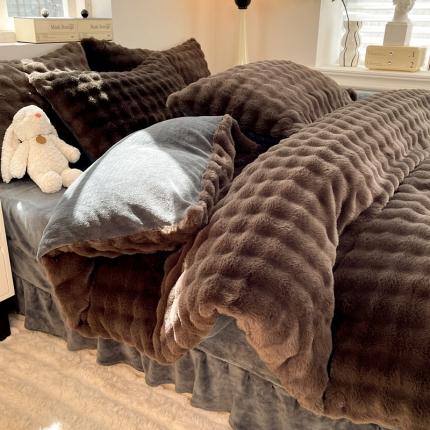 91家纺网 家纺一手货源 找家纺 秋艳 2023新款兔毛绒方格泡泡四件套 方格泡泡-深灰