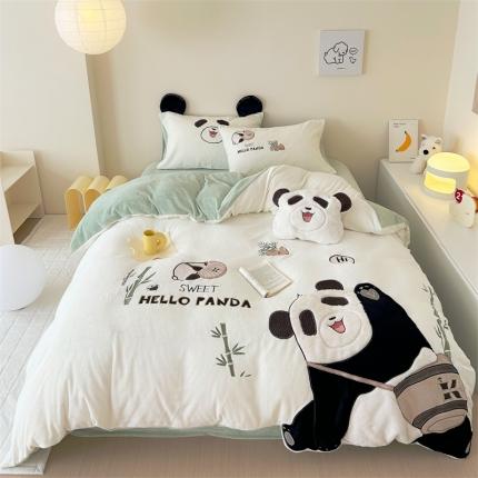 （总）叙庭 2023新款大版卡通刺绣牛奶绒四件套-熊猫