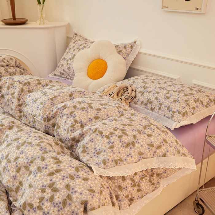 91家纺网 家纺一手货源 找家纺 一米阳光 2023秋季新款纯棉花边款四件套 花雪