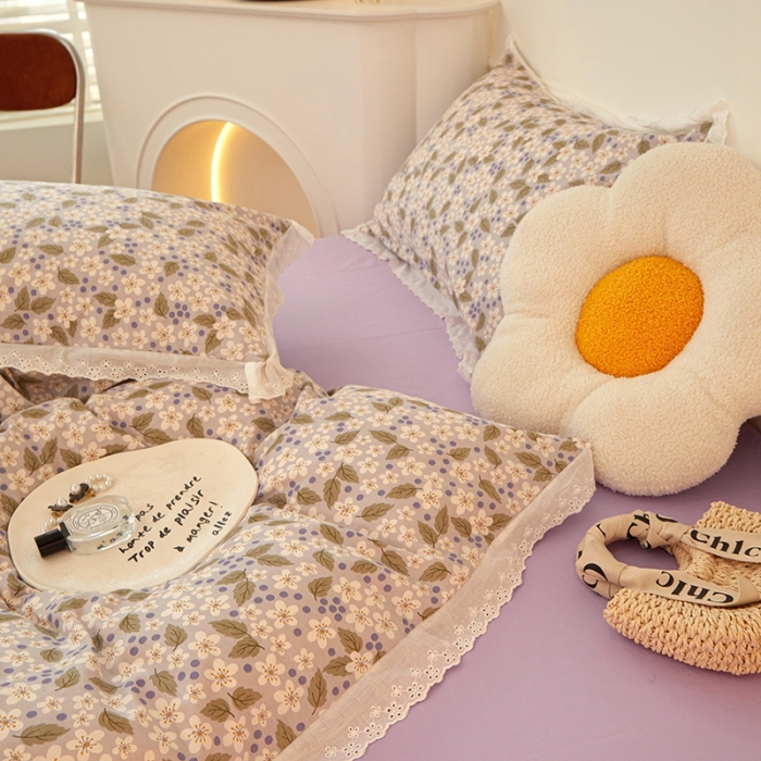 91家纺网 家纺一手货源 找家纺 一米阳光 2023秋季新款纯棉花边款四件套 花雪