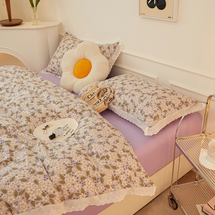 91家纺网 家纺一手货源 找家纺 一米阳光 2023秋季新款纯棉花边款四件套 花雪