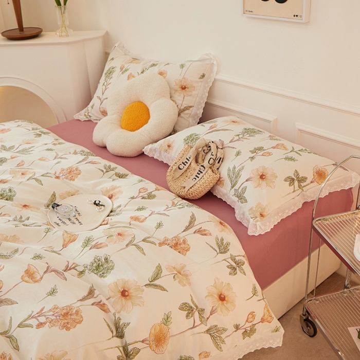 91家纺网 家纺一手货源 找家纺 一米阳光 2023秋季新款纯棉花边款四件套 芒种