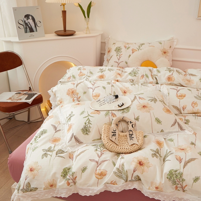 91家纺网 家纺一手货源 找家纺 一米阳光 2023秋季新款纯棉花边款四件套 芒种