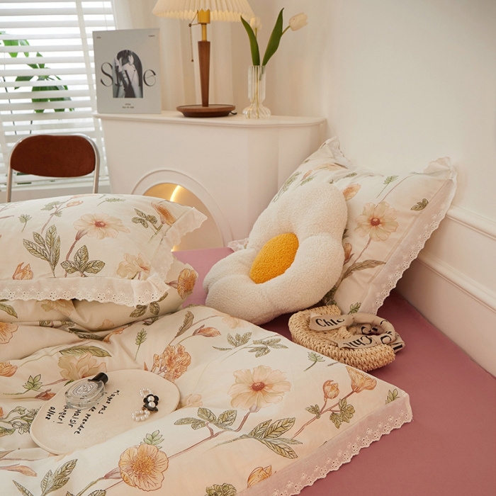 91家纺网 家纺一手货源 找家纺 一米阳光 2023秋季新款纯棉花边款四件套 芒种