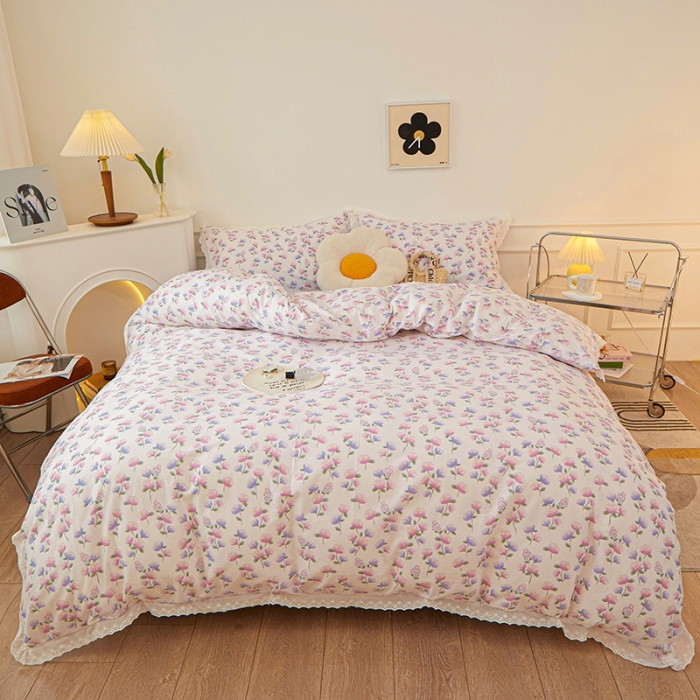 91家纺网 家纺一手货源 找家纺 一米阳光 2023秋季新款纯棉花边款四件套 牵牛