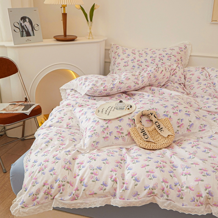 91家纺网 家纺一手货源 找家纺 一米阳光 2023秋季新款纯棉花边款四件套 牵牛