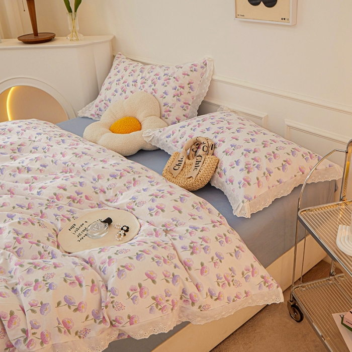 91家纺网 家纺一手货源 找家纺 一米阳光 2023秋季新款纯棉花边款四件套 牵牛