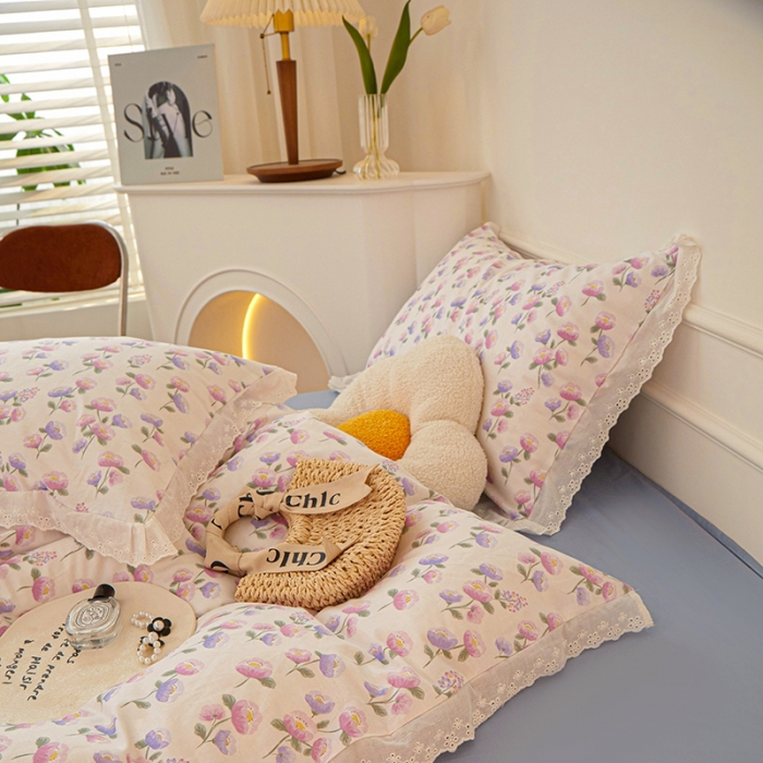 91家纺网 家纺一手货源 找家纺 一米阳光 2023秋季新款纯棉花边款四件套 牵牛