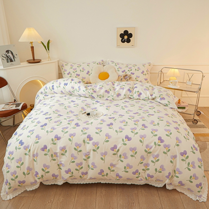 91家纺网 家纺一手货源 找家纺 一米阳光 2023秋季新款纯棉花边款四件套 紫爱