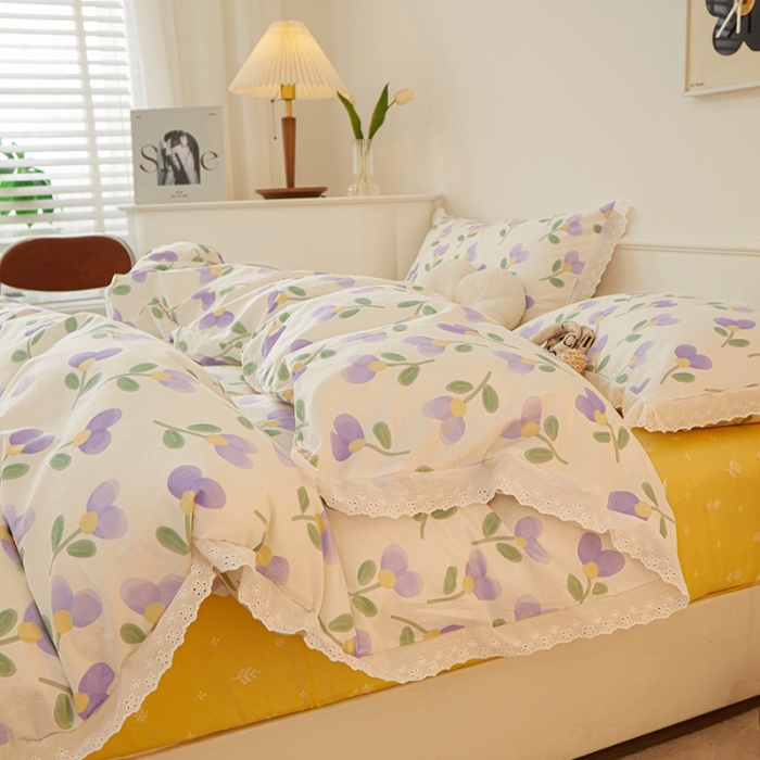 91家纺网 家纺一手货源 找家纺 一米阳光 2023秋季新款纯棉花边款四件套 紫爱