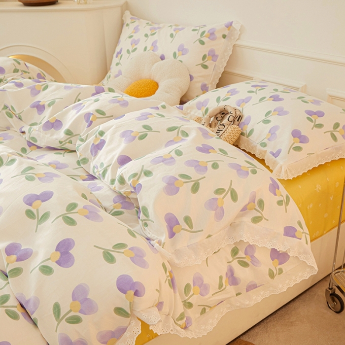 91家纺网 家纺一手货源 找家纺 一米阳光 2023秋季新款纯棉花边款四件套 紫爱
