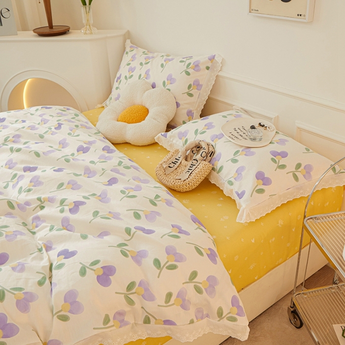 91家纺网 家纺一手货源 找家纺 一米阳光 2023秋季新款纯棉花边款四件套 紫爱