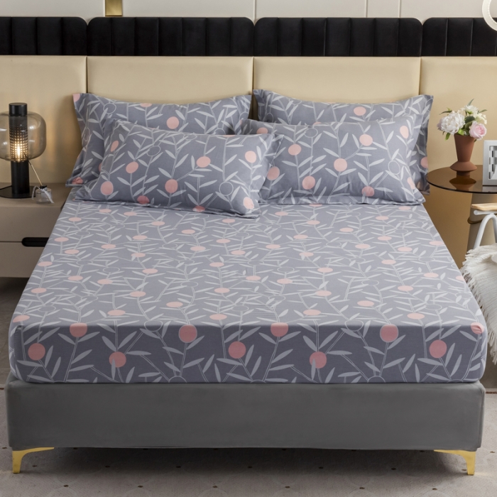 91家纺网 家纺一手货源 找家纺 伊而梦 2023新款全棉磨毛印花四件套系列单品床笠 盛夏果实-灰