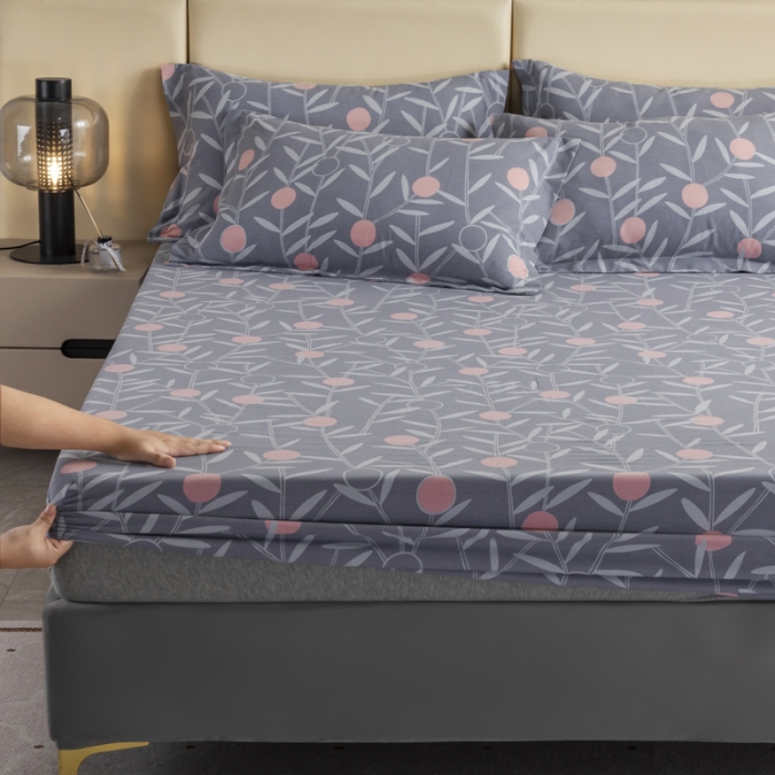 91家纺网 家纺一手货源 找家纺 伊而梦 2023新款全棉磨毛印花四件套系列单品床笠 盛夏果实-灰