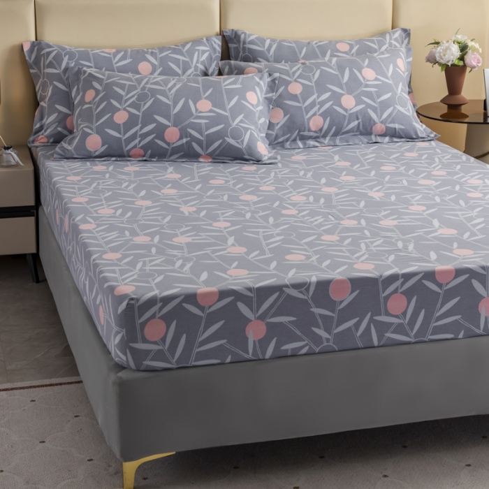 91家纺网 家纺一手货源 找家纺 伊而梦 2023新款全棉磨毛印花四件套系列单品床笠 盛夏果实-灰