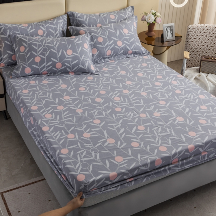 91家纺网 家纺一手货源 找家纺 伊而梦 2023新款全棉磨毛印花四件套系列单品床笠 盛夏果实-灰