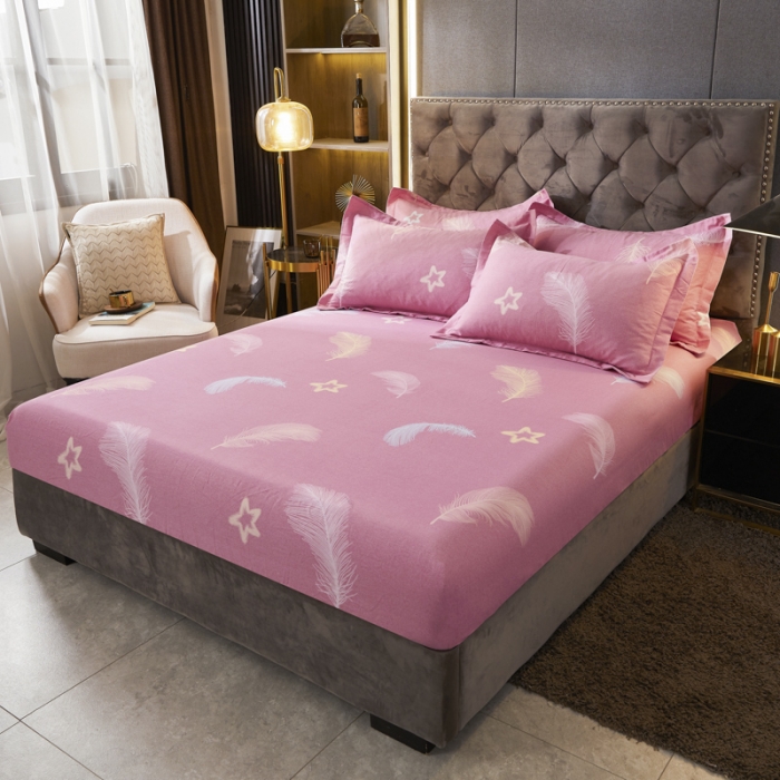 91家纺网 家纺一手货源 找家纺 伊而梦 2023新款全棉磨毛印花四件套系列单品床笠 梦之羽-粉