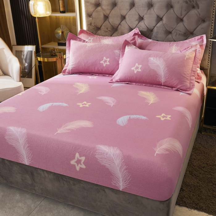 91家纺网 家纺一手货源 找家纺 伊而梦 2023新款全棉磨毛印花四件套系列单品床笠 梦之羽-粉
