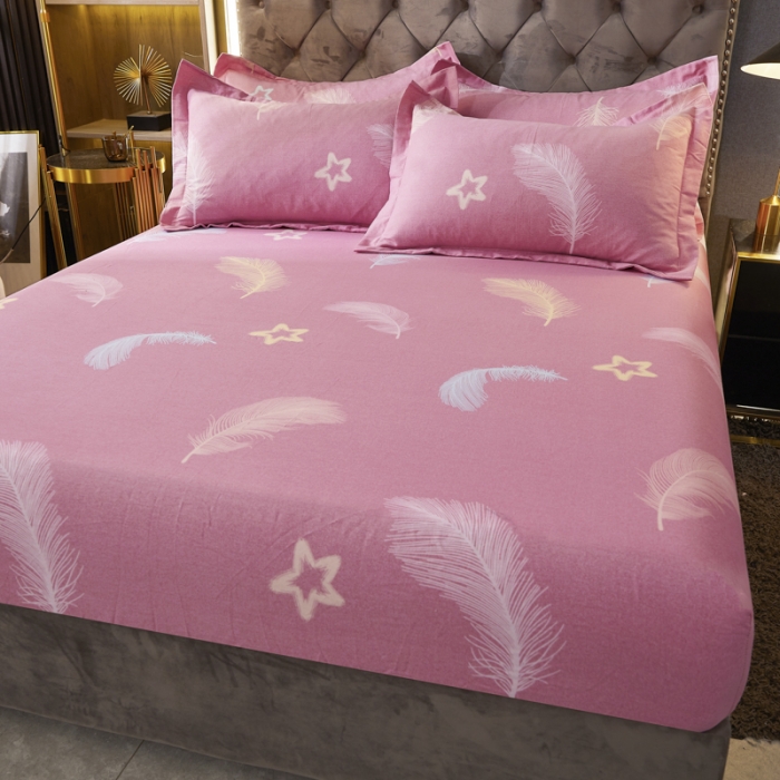 91家纺网 家纺一手货源 找家纺 伊而梦 2023新款全棉磨毛印花四件套系列单品床笠 梦之羽-粉