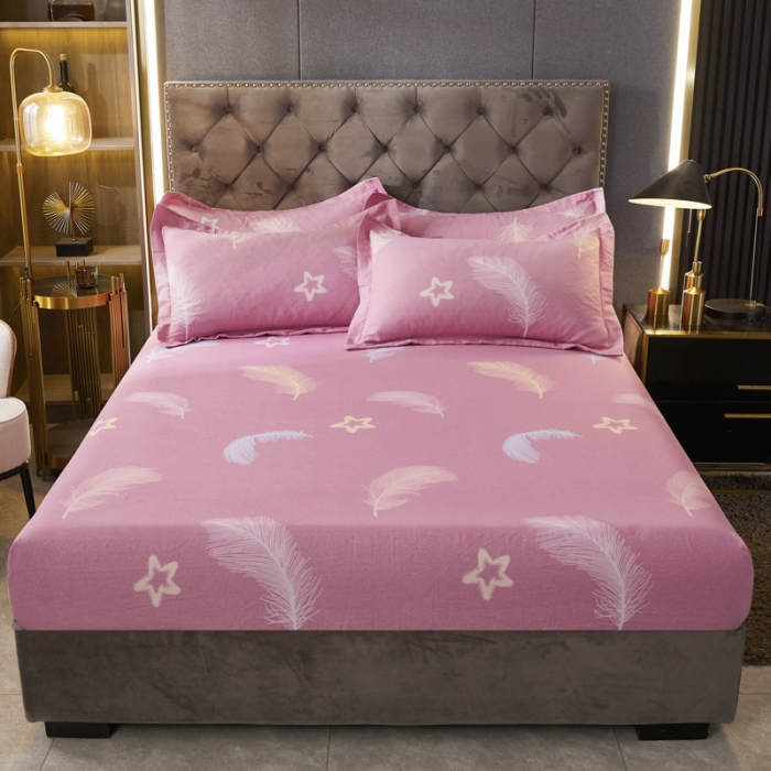 91家纺网 家纺一手货源 找家纺 伊而梦 2023新款全棉磨毛印花四件套系列单品床笠 梦之羽-粉