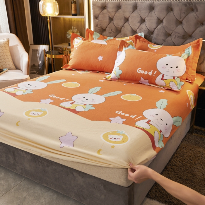 91家纺网 家纺一手货源 找家纺 伊而梦 2023新款全棉磨毛印花四件套系列单品床笠 兔子家族-桔