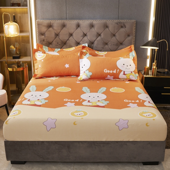 91家纺网 家纺一手货源 找家纺 伊而梦 2023新款全棉磨毛印花四件套系列单品床笠 兔子家族-桔