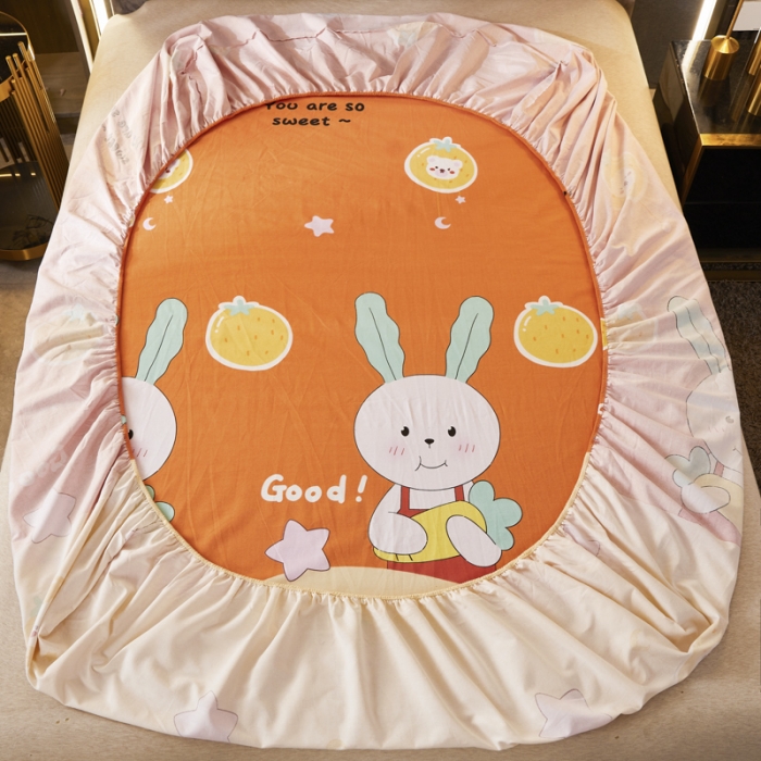 91家纺网 家纺一手货源 找家纺 伊而梦 2023新款全棉磨毛印花四件套系列单品床笠 兔子家族-桔