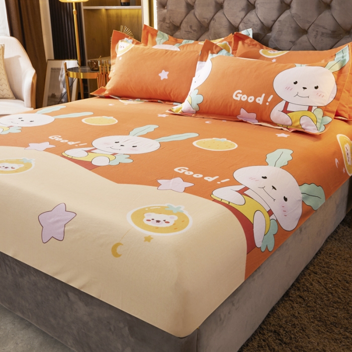91家纺网 家纺一手货源 找家纺 伊而梦 2023新款全棉磨毛印花四件套系列单品床笠 兔子家族-桔