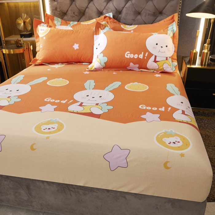 91家纺网 家纺一手货源 找家纺 伊而梦 2023新款全棉磨毛印花四件套系列单品床笠 兔子家族-桔