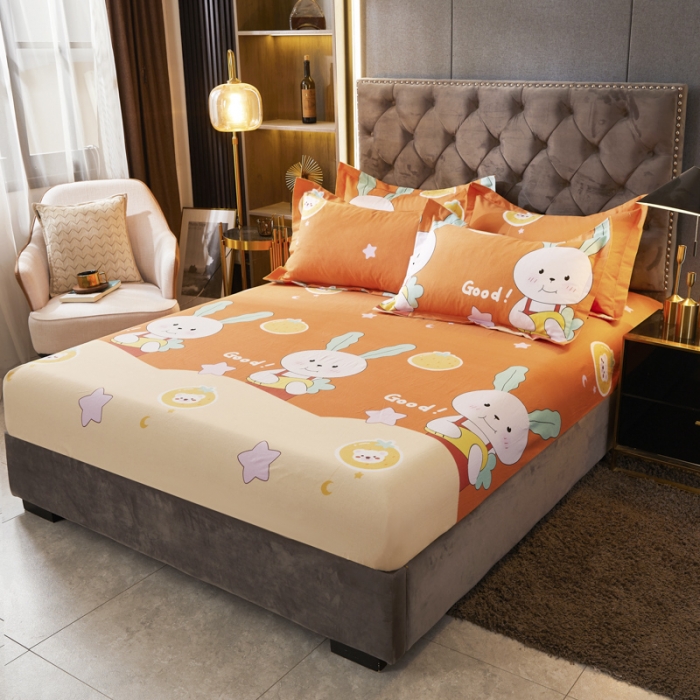 91家纺网 家纺一手货源 找家纺 伊而梦 2023新款全棉磨毛印花四件套系列单品床笠 兔子家族-桔
