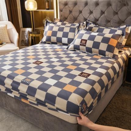 伊而梦 2023新款全棉磨毛印花四件套系列单品床笠 格子元素-灰
