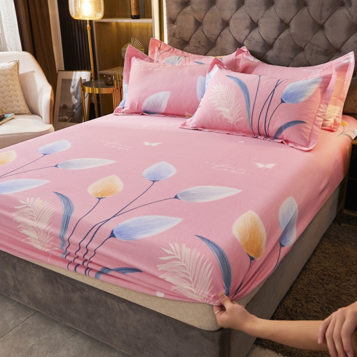 91家纺网 家纺一手货源 找家纺 伊而梦 2023新款全棉磨毛印花四件套系列单品床笠 香兰草-粉