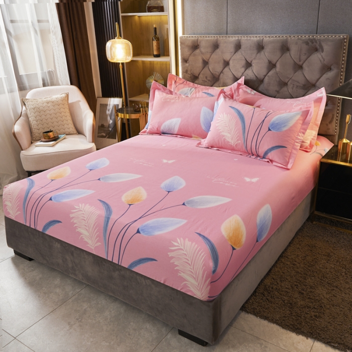 91家纺网 家纺一手货源 找家纺 伊而梦 2023新款全棉磨毛印花四件套系列单品床笠 香兰草-粉