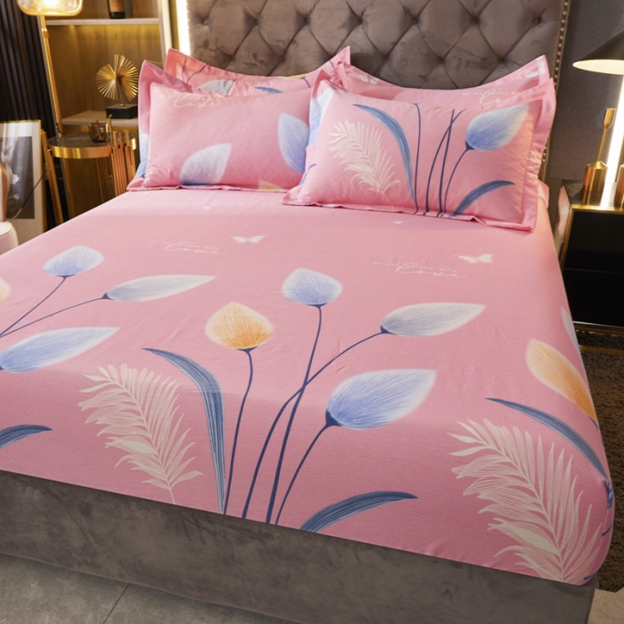 91家纺网 家纺一手货源 找家纺 伊而梦 2023新款全棉磨毛印花四件套系列单品床笠 香兰草-粉