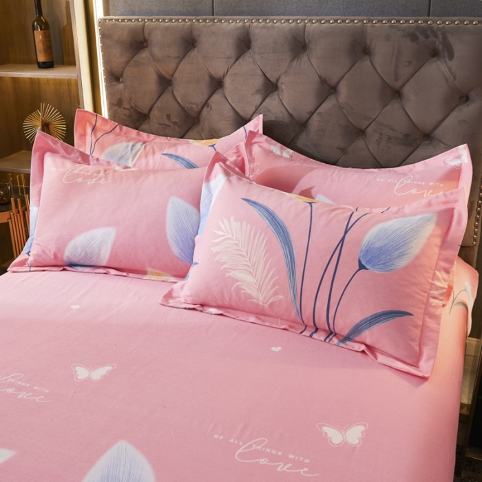 91家纺网 家纺一手货源 找家纺 伊而梦 2023新款全棉磨毛印花四件套系列单品床笠 香兰草-粉