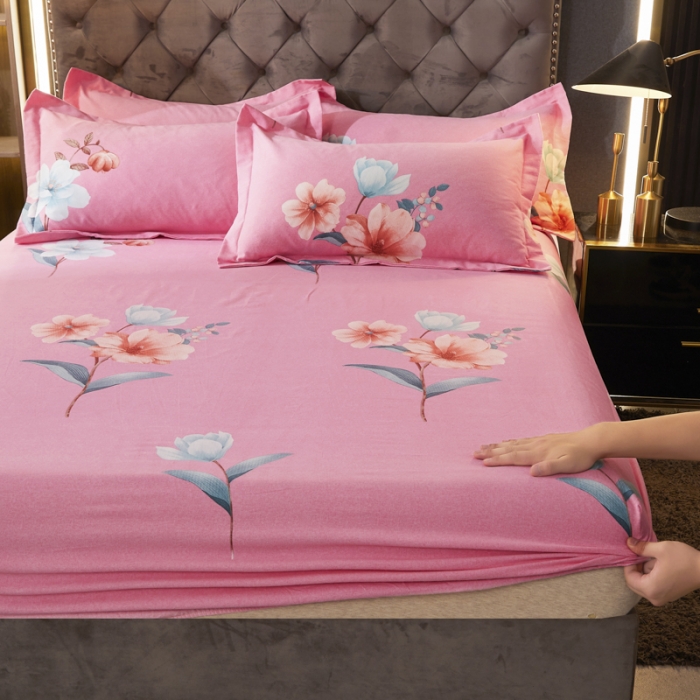 91家纺网 家纺一手货源 找家纺 伊而梦 2023新款全棉磨毛印花四件套系列单品床笠 美丽坊-粉