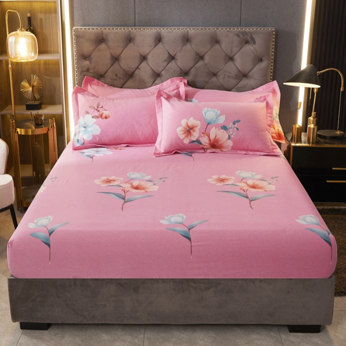 91家纺网 家纺一手货源 找家纺 伊而梦 2023新款全棉磨毛印花四件套系列单品床笠 美丽坊-粉