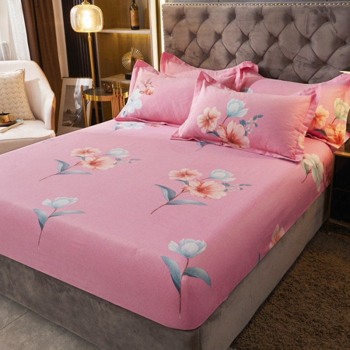 91家纺网 家纺一手货源 找家纺 伊而梦 2023新款全棉磨毛印花四件套系列单品床笠 美丽坊-粉