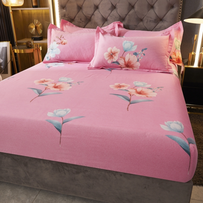 91家纺网 家纺一手货源 找家纺 伊而梦 2023新款全棉磨毛印花四件套系列单品床笠 美丽坊-粉