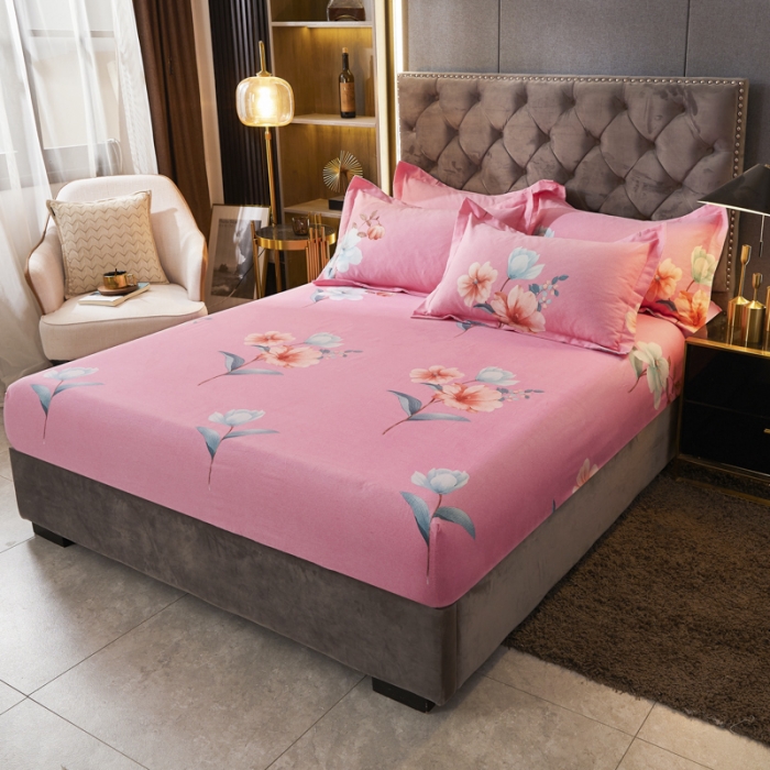 91家纺网 家纺一手货源 找家纺 伊而梦 2023新款全棉磨毛印花四件套系列单品床笠 美丽坊-粉