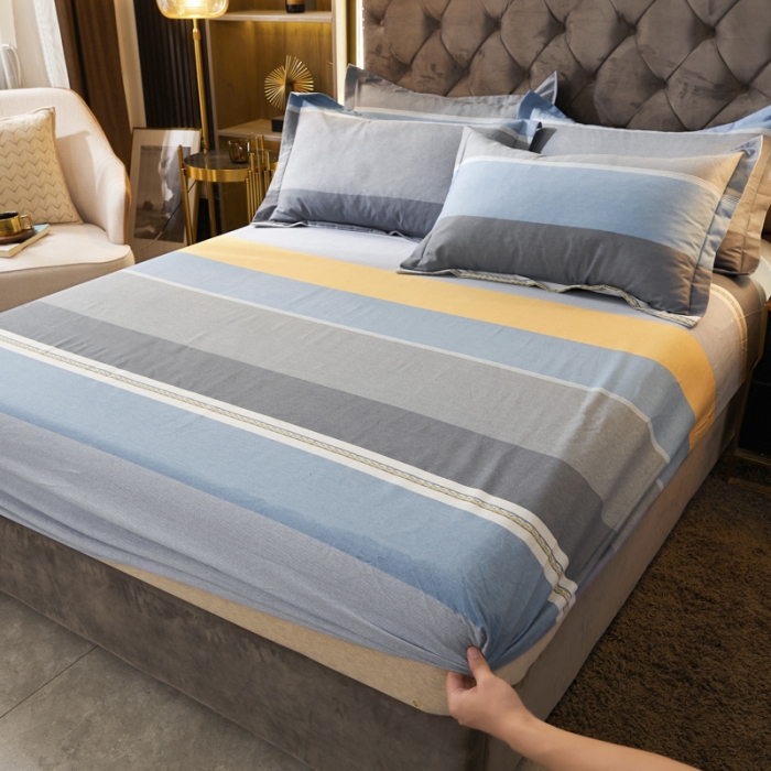 91家纺网 家纺一手货源 找家纺 伊而梦 2023新款全棉磨毛印花四件套系列单品床笠 欧式条纹-蓝