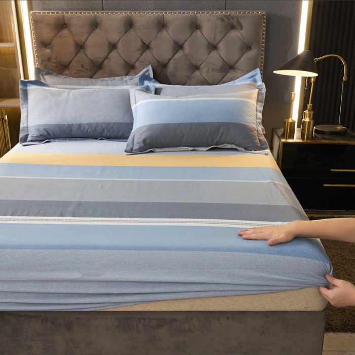 91家纺网 家纺一手货源 找家纺 伊而梦 2023新款全棉磨毛印花四件套系列单品床笠 欧式条纹-蓝