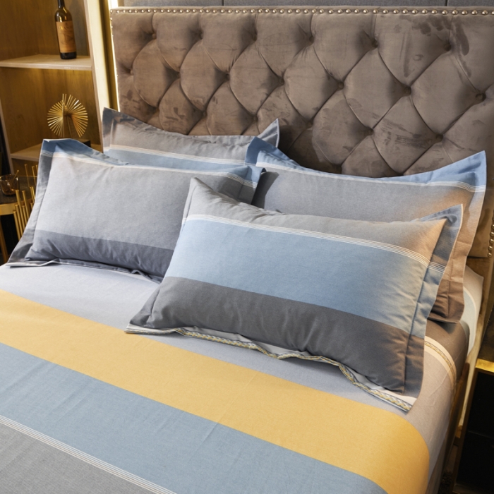 91家纺网 家纺一手货源 找家纺 伊而梦 2023新款全棉磨毛印花四件套系列单品床笠 欧式条纹-蓝