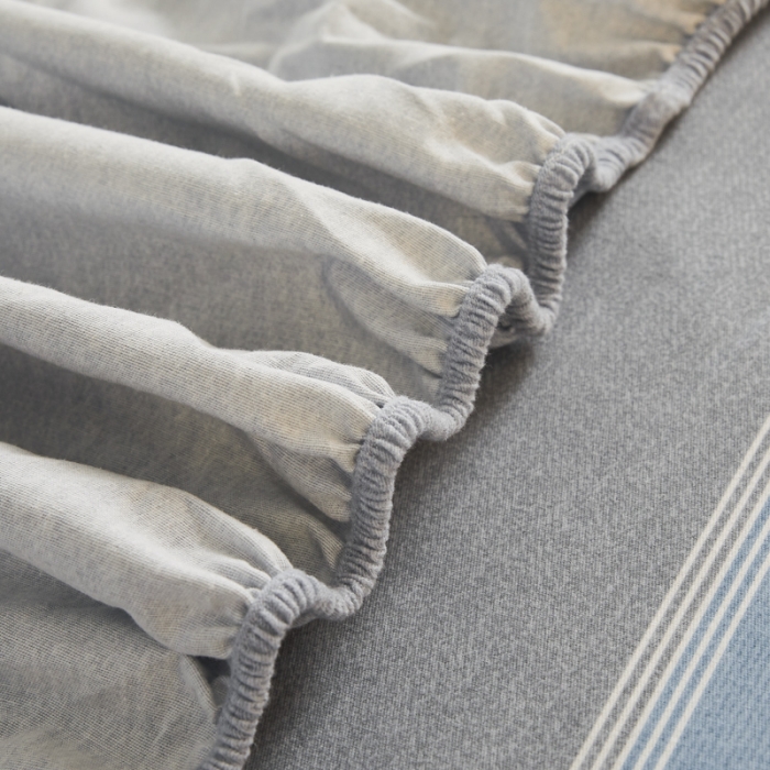 91家纺网 家纺一手货源 找家纺 伊而梦 2023新款全棉磨毛印花四件套系列单品床笠 欧式条纹-蓝