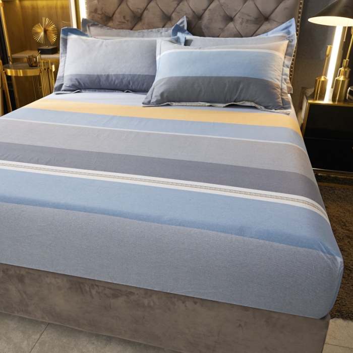 91家纺网 家纺一手货源 找家纺 伊而梦 2023新款全棉磨毛印花四件套系列单品床笠 欧式条纹-蓝