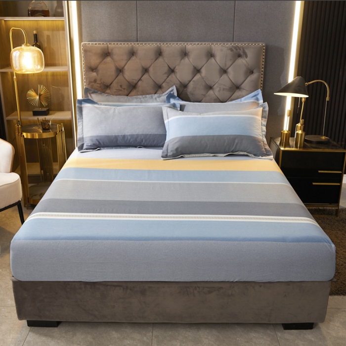 91家纺网 家纺一手货源 找家纺 伊而梦 2023新款全棉磨毛印花四件套系列单品床笠 欧式条纹-蓝