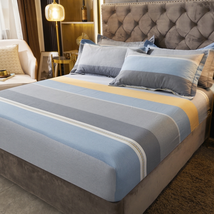 91家纺网 家纺一手货源 找家纺 伊而梦 2023新款全棉磨毛印花四件套系列单品床笠 欧式条纹-蓝